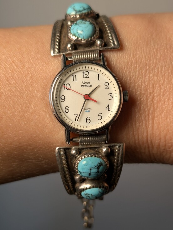 Native American Accessories - Vintage Navajo Sterling Silver Turquoise Timex Indiglo Watch - Signed Native